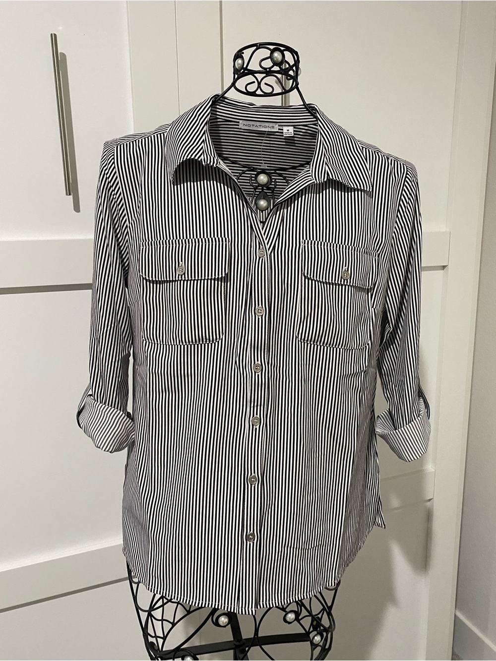 Notations Black and White Vertical Stripe Button-Up Shirt